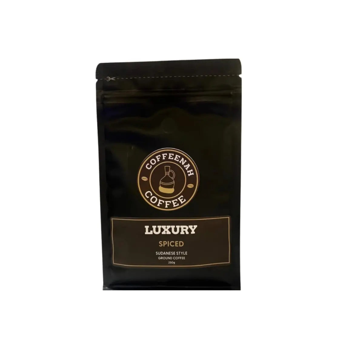 A black stand-up pouch of Coffeenah Coffee Luxury Spiced Blend II ground coffee, isolated on a white background.