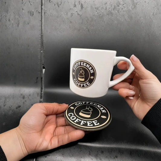 Wooden Coffeenah Coasters with cup